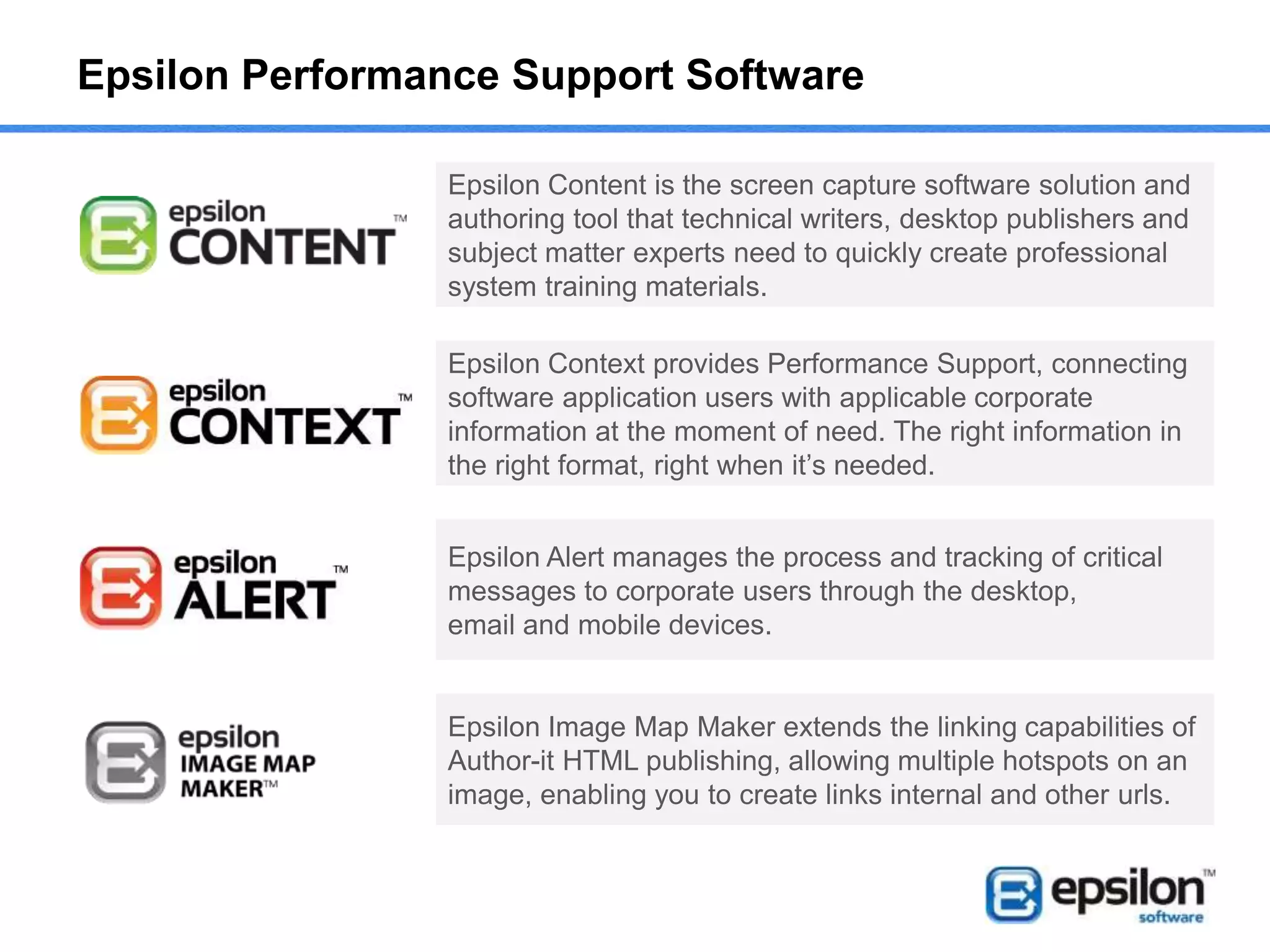 Who is Epsilon Software?
• Founded in 2005
• Leaders in supporting User Adoption and Performance Support
• Experienced in the sales and support of high-end Performance
Support tools
• Major clients in all sectors across ANZ and APAC
• Initially focused on resale and software support of enterprise
solutions
• Started Software Development in 2009
• Launched Epsilon Image Map Maker in 2010
• Launched Epsilon Alert in 2012
• Launched Epsilon Context in 2013
• Launched Epsilon Content in 2014
• Now an ISV with Performance Support software for enterprise
system implementations
 