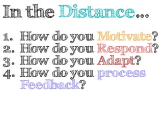 In the Distance… 
1. How do you Motivate? 
2. How do you Respond? 
3. How do you Adapt? 
4. How do you process 
Feedback? 
 