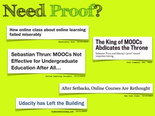 Need Proof? 
Washington Post, 05/02/2013 
Fast Company, Dec. 2013 
Online Learning Insights, 18/11/2013 
New York Times, 10/12/2013 
higheredstrategy.com, 18/11/2013 
 