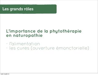 Les grands rôles




            L’importance de la phytothérapie
            en naturopathie
            - l’alimentation...