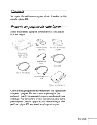 Bem-vindo 11
Garantia
Seu projetor é fornecido com uma garantia básica. Para obter detalhes,
consulte a página 192.
Remoção do projetor da embalagem
Depois de desembalar o projetor, confira se recebeu todos os itens
indicados a seguir:
Guarde a embalagem para usá-la posteriormente, caso seja necessário
transportar o projetor. Use sempre a embalagem original (ou
equivalente) quando for necessário transportar o equipamento para
outro lugar. Para transportar o projetor manualmente, use a maleta
para transporte. Consulte a página 13 para obter informações sobre
pedidos e a página 156 para obter instruções para transporte.
Projetor com
cartão sem fio
802.11g/b/a
Controle remoto
e baterias
CD-ROM do software
EasyMP
Cabo de alimentação
Cabo de computador
VGA
Cabo USB
Adaptador de
áudio
Maleta para transporte
 