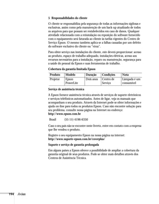 194 Avisos
5 Responsabilidades do cliente
O cliente se responsabiliza pela segurança de todas as informações sigilosas e
exclusivas, assim como pela manutenção de um back-up atualizado de todos
os arquivos para que possam ser restabelecidos em caso de danos. Qualquer
atividade relacionada com a reinstalação ou reposição do software fornecido
com o equipamento será faturada ao cliente às tarifas vigentes do Centro de
Serviço Epson. O mesmo também aplica-se a falhas causadas por um defeito
do software exclusivo do cliente ou “vírus”.
Para obter serviço nas instalações do cliente, este deverá proporcionar: acesso
ao produto, espaço de trabalho adequado, instalações elétricas, acesso aos
recursos necessários para a instalação, reparo ou manutenção, segurança para
a saúde do pessoal da Epson e suas ferramentas de trabalho.
Cobertura da garantia limitada Epson
Serviço de assistência técnica
A Epson fornece assistência técnica através de serviços de suporte eletrônicos
e serviços telefônicos automatizados. Antes de ligar, veja os manuais que
acompanham o seu produto. Através da Internet pode-se obter informações e
ajuda on-line para todos os produtos Epson. Caso não encontre solução para
seu problema, consulte nossa página na Internet no endereço:
http://www.epson.com.br
Caso o seu país não se encontre neste livreto, entre em contato com a empresa
que lhe vendeu o produto.
Registre o seu equipamento Epson na nossa página na internet:
http://www.suporte-epson.com.br/coverplus/
Suporte e serviço de garantia prolongada
Em alguns países a Epson oferece a possibilidade de ampliar a cobertura da
garantia original de seus produtos. Pode-se obter mais detalhes através dos
Centros de Assistência Técnica.
Produto Modelo Duração Condições Nota
Projetor Epson
PowerLite
Dois anos Centro de
Serviço
Lâmpada é um
consumível
Brasil (55 11) 4196-6350
 