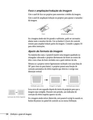 24 Exibição e ajuste de imagens
Foco e ampliação/redução da imagem
Gire o anel de foco no projetor para aumentar a nitidez da imagem.
Gire o anel de ampliação/redução no projetor para ajustar o tamanho
da imagem.
Se a imagem ainda não for grande o suficiente, pode ser necessário
afastar mais o monitor da tela. Use os botões E-Zoom do controle
remoto para ampliar/reduzir partes da imagem. Consulte a página 33
para obter instruções.
Ajuste do formato da imagem
Na maioria dos casos, é possível manter uma imagem quadrada ou
retangular colocando o projetor diretamente de frente ao centro da
tela e com a base da lente nivelada com a parte inferior da tela.
Mesmo se o projetor estiver ligeiramente inclinado (em uma faixa de
30° para cima ou para baixo), o projetor possui uma função de
correção automática do efeito trapézio que detecta e corrige essa
distorção vertical.
Leva cerca de um segundo depois do início da projeção para que a
imagem seja corrigida. Durante este período, um indicador de
correção do efeito trapézio aparece na tela.
Se a imagem ainda estiver distorcida, será possível corrigi-la usando os
botões Keystone no painel de controle ou no menu Definição.
Foco Ampliação/redução
Imagem corrigida
Inclinado para cima Inclinado para baixo
correção de efeito trapézio
 