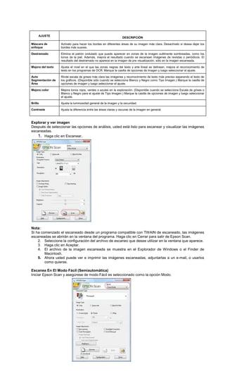 Explorar y ver imagen
Después de seleccionar las opciones de análisis, usted está listo para escanear y visualizar las imágenes
escaneadas.
1. Haga clic en Escanear.
Nota:
Si ha comenzado el escaneado desde un programa compatible con TWAIN de escaneado, las imágenes
escaneadas se abrirán en la ventana del programa. Haga clic en Cerrar para salir de Epson Scan.
2. Seleccione la configuración del archivo de escaneo que desee utilizar en la ventana que aparece.
3. Haga clic en Aceptar.
4. El archivo de la imagen escaneada se muestra en el Explorador de Windows o el Finder de
Macintosh.
5. Ahora usted puede ver e imprimir las imágenes escaneadas, adjuntarlas a un e-mail, o usarlos
como quieras.
Escanea En El Modo Fácil (Semiautomática)
Iniciar Epson Scan y asegúrese de modo Fácil es seleccionado como la opción Modo.
AJUSTE
DESCRIPCIÓN
Máscara de
enfoque
Actívelo para hacer los bordes en diferentes áreas de su imagen más clara. Desactívelo si desea dejar los
bordes más suaves.
Destramado Elimina el patrón ondulado que puede aparecer en zonas de la imagen sutilmente sombreadas, como los
tonos de la piel. Además, mejora el resultado cuando se escanean imágenes de revistas o periódicos. El
resultado del destramado no aparece en la imagen de pre visualización, sólo en la imagen escaneada.
Mejora del texto Ajusta el nivel en el que las zonas negras del texto y arte lineal se delinean, mejora el reconocimiento de
texto en los programas de OCR. Marque la casilla de opciones de imagen y luego seleccionar el ajuste.
Auto
Segmentación de
Área
Rinde escala de grises más clara las imágenes y reconocimiento de texto más preciso separando el texto de
los gráficos. (Disponible sólo cuando se selecciona Blanco y Negro como Tipo Imagen.) Marque la casilla de
opciones de imagen y luego seleccionar el ajuste.
Mejora color Mejora tonos rojos, verdes o azules en la exploración. (Disponible cuando se selecciona Escala de grises o
Blanco y Negro para el ajuste de Tipo Imagen.) Marque la casilla de opciones de imagen y luego seleccionar
el ajuste.
Brillo Ajusta la luminosidad general de la imagen y la oscuridad.
Contraste Ajusta la diferencia entre las áreas claras y oscuras de la imagen en general.
 
