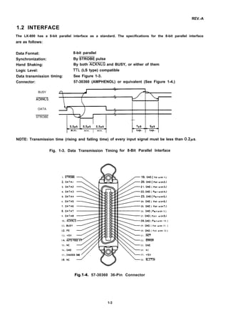 REV.-A
1.2 INTERFACE
The LX-800 has a 8-bit parallel interface as a standard. The specifications for the 8-bit parallel interface
are as follows:
Data Format:
Synchronization:
Hand Shaking:
Logic Level:
Data transmission
Connector:
BUSY
ACKNLG
OATA
STROBE
8-bit parallel
By STROBE pulse
By both ACKNLG and BUSY, or either of them
ITL (LS type) compatible
timing: See Figure 1-3.
57-30360 (AMPHENOL) or equivalent (See Figure 1-4.)
0.5JAS 1= 0.5JAS O..sus
min. min. min.
NOTE: Transmission time (rising and falling time)
“w
Fig. 1-3. Data Transmission Timing
of every input signal must be less than 0.2Ks.
for 8-Bit Parallel Interface
1. 19. GNO ( Pair with 1.)
2. 20. GNO ( Pair w;tn2.)
3. Z 1. GNO ( Pair w;th3.)
4. 22. GNO ( Pair wnh4.)
5. 23. GNO ( Pair w;tn5.)
6 . 24. GNO ( Pair w;th6.)
7. 25. GNO ( Pair witn7.)
e. 2 6 . GNO ( Pair w;th S.)
9 . 27. GNO ( Pair w;tn9.)
10 2S. GNO ( Pair w:th 1 0 . )
11 29. GND ( Pair with 11. )
12 3 0 . GNO ( Pair witn 12.)
1 3 3 1 . m
14 3 2 . m
15 3 3 . GNO
16 3 4 . N C
17 3 5 . +5V
18 3 6 . m
Fig.1-4. 57-30360 36-Pin Connector
1-3
 