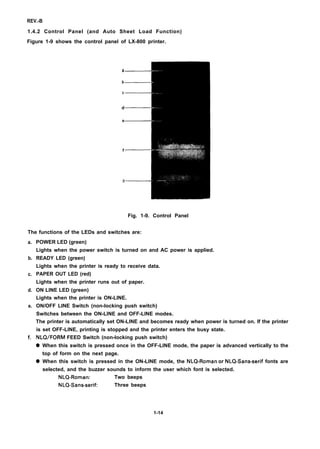 REV.-B
1.4.2 Control Panel (and Auto Sheet Load Function)
Figure 1-9 shows the control panel of LX-800 printer.
a
b
c
d
e
f
9
Fig. 1-9. Control Panel
The functions of the LEDs and switches are:
a.
b.
c.
d.
e.
f,
POWER LED (green)
Lights when the power switch is turned on and AC power is applied.
READY LED (green)
Lights when the printer is ready to receive data.
PAPER OUT LED (red)
Lights when the printer runs out of paper.
ON LINE LED (green)
Lights when the printer is ON-LINE.
ON/OFF LINE Switch (non-locking push switch)
Switches between the ON-LINE and OFF-LINE modes.
The printer is automatically set ON-LINE and becomes ready when power is turned on. If the printer
is set OFF-LINE, printing is stopped and the printer enters the busy state.
NLQ/FORM FEED Switch (non-locking push switch)
q
q
When this switch is pressed once in the OFF-LINE mode, the paper is advanced vertically to the
top of form on the next page.
When this switch is pressed in the ON-LINE mode, the NLQ-Roman or NLQ-Sans-serif fonts are
selected, and the buzzer sounds to inform the user which font is selected.
NLQ-Roman: Two beeps
NLQ-Sans-serif: Three beeps
1-14
 