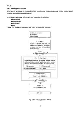 REV.-B
1.4.4 SelecType Function
SelecType is a feature of the LX-800 which permits type style programming via the control panel
switches without software assistance.
In the SelecType mode,
q Emphasized
q Double-strike
q Condensed
q Elite
following 4 type styles can be selected:
Figure 1-10 shows the operation flow chart of SelecType function:
< ENTER >
Hold down ON/OFF LINE SW, and
press NLQ/FORM FEED SW. (Print-
er beeps once and ON-LINE LED
starts blinking.)
I < Select the type style >
I
Press ONOFF LINE SW the number of times indicat-
ed below for the mode. (Pay attention to the number
of beeps the printer makes when the buzzer sounds.)
1 Emphasized 3 Condensed
I 2 I Double-striked I 4 I Elite I
I
< Set type style >
Press FORM FEED SW.
N
]Y
< EXIT >
I Press LINE FEED SW. I
I
I OFF-LINE I
Fig. 1-10. SelecType Flow Chart
1-16
 
