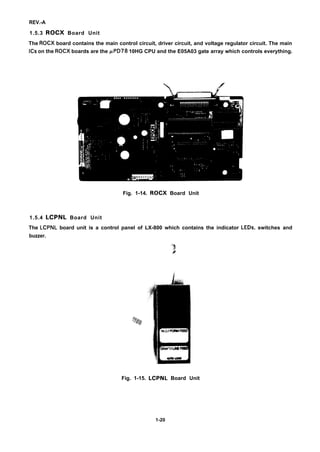 REV.-A
1.5.3 ROCX Board Unit
The ROCX board contains the main control circuit, driver circuit, and voltage regulator circuit. The main
ICS on the ROCX boards are the pPD78 10HG CPU and the E05A03 gate array which controls everything.
----=--
/
. Y
Fig. 1-14. ROCX Board Unit
1.5.4 LCPNL Board Unit
The LCPNL board unit is a control panel of LX-800 which contains the indicator LEDs, switches and
buzzer.
Fig. 1-15. LCPNL Board Unit
1-20
 