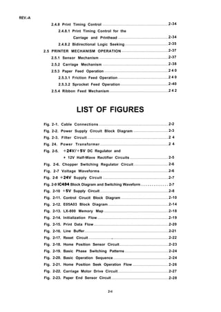 REV.-A
2.5
Fig.
Fig.
Fig.
Fig.
2.4.8 Print Timing Control ..................................................................2-34
2.4.8.1 Print Timing Control for the
Carriage and Printhead ....................................................2-34
2.4.8.2 Bidirectional Logic Seeking ...........................................2-35
PRINTER MECHANISM OPERATION ..............................................2-37
2.5.1 Sensor Mechanism .....................................................................2-37
2.5.2 Carriage Mechanism ..................................................................2-38
2.5.3 Paper Feed Operation ................................................................2 4 0
2.5.3.1 Friction Feed Operation ..................................................2 4 0
2.5.3.2 Sprocket Feed Operation ...............................................2-40
2.5.4 Ribbon Feed Mechanism ...........................................................2 4 2
LIST OF FIGURES
2-1. Cable Connections ......................................................................2-2
2-2. Power Supply Circuit Block Diagram .................................. 2-3
2-3. Filter Circuit ..................................................................................2 4
24. Power Transformer .....................................................................2 4
Fig. 2-5. +24V/+5V DC Regulator and
+ 12V Half-Wave Rectifier Circuits ...................................... 2-5
Fig. 2-6. Chopper Switching Regulator Circuit .................................. 2-6
Fig. 2-7 Voltage Waveforms .....................................................................2-6
Fig. 2-8 +24V Supply Circuit ..................................................................2-7
Fig. 2-9 IC494 Block Diagram and Switching Waveform . . . . . . . . . . . . . 2-7
Fig. 2-10
Fig. 2-11.
Fig. 2-12.
Fig. 2-13.
Fig. 2-14.
Fig. 2-15.
Fig. 2-16.
Fig. 2-17.
Fig. 2-18.
Fig. 2-19.
Fig. 2-20.
Fig. 2-21.
Fig. 2-22.
Fig. 2-23.
+5V Supply Circuit .....................................................................2-8
Control Cirucit Block Diagram ...............................................2-10
E05A03 Block Diagram ............................................................2-14
LX-800 Memory Map .................................................................2-18
Initialization Flow........................................................................2-19
Print Data Flow ...........................................................................2-20
Line Buffer.....................................................................................2-21
Reset Circuit .................................................................................2-22
Home Position Sensor Circuit.................................................2-23
Basic Phase Switching Patterns ...........................................2-24
Basic Operation Sequence .......................................................2-24
Home Position Seek Operation Flow ................................... 2-26
Carriage Motor Drive Circuit ..................................................2-27
Paper End Sensor Circuit .........................................................2-28
2-ii
 