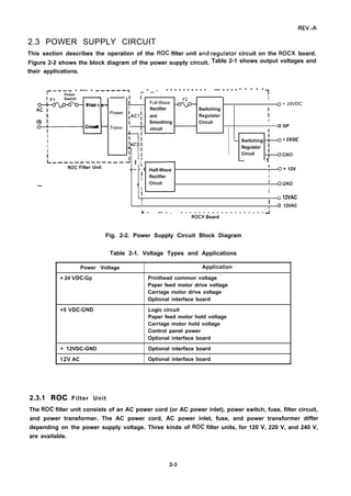 REV.-A
2.3 POWER SUPPLY CIRCUIT
This section describes the operation of the ROC filter unit and regulator circuit on the ROCX board.
Figure 2-2 shows the block diagram of the power supply circuit. Table 2-1 shows output voltages and
their applications.
---—- - -— - ------q _ - _ . - - - - - - - - - - — - - - - - - - - - 7I Power
i r-l
JI
SwNch
~- F i l t e r
I
IN i
Circuit
1
I
I
I
I
I
—
2.3.1
Power
Trans-
1 I I
I I F2
. I
I Full-Wave O + 24VDC
I I Rectifier ~ Switching I
:AC1 ~ and Regulator I
II Smoothing Circuit I
I
O GP
circuit
T
I
I
II
I
1AC2 I
— Switching ~ + 5VOC
II
Regulator I
1; Circuit ‘
II
~ GND
L -—-----——- — - - JI I : ~ — 1
ROC Filter Unit
1 I
4 — - t Half-Wave
I
I o + 12V
I Rectifier I
4 Circuit I 0 GND
I
I I
I O 12VAC
I I
I O 12VAC
k - — - . - - - - - - - - - - - - - - - - - - - A
ROCX Board
Fig. 2-2. Power Supply Circuit Block Diagram
Table 2-1. Voltage Types and Applications
Power Voltage Application
+ 24 VDC-GP Printhead common voltage
Paper feed motor drive voltage
Carriage motor drive voltage
Optional interface board
+5 VDC-GND Logic circuit
Paper feed motor hold voltage
Carriage motor hold voltage
Control panel power
Optional interface board
+ 12VDC-GND Optional interface board
12V AC Optional interface board
ROC Filter Unit
The ROC filter unit consists of an AC power cord (or AC power inlet), power switch, fuse, filter circuit,
and power transformer. The AC power cord, AC power inlet, fuse, and power transformer differ
depending on the power supply voltage. Three kinds of ROC filter units, for 120 V, 220 V, and 240 V,
are available.
2-3
 