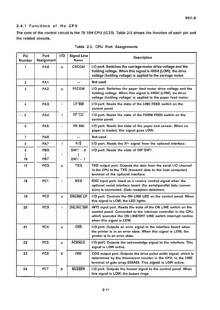 REV.-B
2.4.1 Functions of the CPU
The core of the control circuit is the 78 10H CPU (IC2B). Table 2-3 shows the function of each pin and
the related circuits.
Table 2-3. CPU Port Assignments
Pin
Number
Port
Assignment
1/0 Signal Line
Name
Description
1/0 port. Switches the carriage motor drive voltage and the
holding voltage. When this signal is HIGH (LOW), the drive
voltage (holding voltage) is applied to the carriage motor.
Not used.
1 PAO o CRCOM
2
3
PA1 —
PA2 o PFCOM 1/0 port. Switches the paper feed motor drive voltage and the
holding voltage. When this signal is HIGH (LOW), the drive
voltage (holding voltage) is applied to the paper feed motor.
LF SW 1/0 port. Reads the state of the LINE FEED switch on the
control panel.
1/0 port. Reads the state of the FORM FEED switch on the
control panel.
4 PA3 I
I FF SWPA4‘ - 5
6 PA5 I PE SW 1/0 port. Reads the state of the paper end sensor. When no
paper is loaded, this signal goes LOW.
Not used.7 PA6 —
P/s
SW1 - 8
1
Swl - 1
TXD
1/0 port. Reads the P/~ signal from the optional interface.
1/0 port. Reads the state of DIP SW1.
8
9
t
16
17
18
19
PA7
PBO
!
PB7
Pco
I
I
o
I
TXD output port. Outputs the data from the serial 1/0 channel
in the CPU to the TXD (transmit data to the host computer)
terminal of the optional interface.
Pcl RXD RXD input port. Used as a receive control signal when the
optional serial interface board (for serial/parallel data conver-
sion) is connected. (Data reception detection)
ONLINE LPPC2 o 1/0 port. Controls the ON LINE LED on the control panel. When
this signal is LOW, the LED lights.
ONLINE SW INT2 input port. Reads the state of the ON LINE switch on the
control panel. Connected to the interrupt controller in the CPU,
which executes the ON LINE/OFF LINE switch interrupt routine
when this signal is LOW.
20 PC3 I
Em21 PC4 o 1/0 port. Outputs an error signal to the interface board when
the printer is in an error state. When this signal is LOW, the
printer is in an error state.
ACKNLG22
23
24
PC5 o
0
0
1/0 port. Outputs the acknowledge signal to the interface. This
signal is LOW active.
COO output port. Outputs the drive pulse width signal, which is
determined by the timer/event counter in the CPU, to the FIRE
terminal of gate array E05A03. This signal is LOW active.
PC6 FIRE
PC7 BUZZER 1/0 port. Outputs the buzzer signal to the control panel. When
this signal is LOW, the buzzer rings.
2-11
 