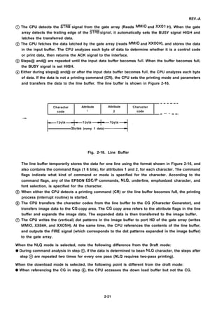 REV.-A
@ The CPU detects the STRB signal from the gate array (Reads MMIO and XXOI H). When the gate
array detects the trailing edge of the STRB signal, it automatically sets the BUSY signal HIGH and
latches the transferred data.
@ The CPU fetches the data latched by the gate array (reads MMIO and XXOOH), and stores the data
in the input buffer. The CPU analyzes each byte of data to determine whether it is a control code
or print data, then returns the ACK signal to the interface.
@ Steps@ and@ are repeated until the input data buffer becomes full. When the buffer becomes full,
the BUSY signal is set HIGH.
@ Either during steps@ and@ or after the input data buffer becomes fuil, the CPU analyzes each byte
of data. If the data is not a printing command (CR), the CPU sets the printing mode and parameters
and transfers the data to the line buffer. The line buffer is shown in Figure 2-16.
—
. - ----
Character Attribute Attribute Character
code 1 2 code
- -- - - -.
—lb’’e+lb’ta-t-lb’te -
3bytes (every 1 data)
4
Fig. 2-16. Line Buffer
The line buffer temporarily stores the data for one line using the format shown in Figure 2-16, and
also contains the command flags (1 6 bits), for attributes 1 and 2, for each character. The command
flags indicate what kind of command or mode is specified for the character. According to the
command flags, any of the EPSON ESC/P commands, NLQ, underline, emphasized character, and
font selection, is specified for the character.
When either the CPU detects a printing command (CR) or the line buffer becomes full, the printing
process (interrupt routine) is started.
The CPU transfers the character codes from the line buffer to the CG (Character Generator), and
transfers image data to the CG copy area. The CG copy area refers to the attribute flags in the line
buffer and expands the image data. The expanded data is then transferred to the image buffer.
The CPU writes the (vertical) dot patterns in the image buffer to port HD of the gate array (writes
MMIO, XX04H, and XX05H). At the same time, the CPU references the contents of the line buffer,
and outputs the FIRE signal (which corresponds to the dot patterns expanded in the image buffer)
to the gate array.
When the NLQ mode is selected, note the following difference from the Draft mode:
q During command analysis in step @, if the data is determined to bean NLQ character, the steps after
step @ are repeated two times for every one pass (NLQ requires two-pass printing).
When the download mode is selected, the following point is different from the draft mode:
q When referencing the CG in step @, the CPU accesses the down load buffer but not the CG.
2-21
 