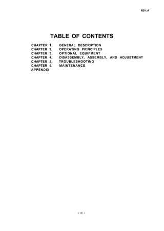 REV.-A
TABLE OF CONTENTS
CHAPTER 1. GENERAL DESCRIPTION
CHAPTER 2. OPERATING PRINCIPLES
CHAPTER 3. OPTIONAL EQUIPMENT
CHAPTER 4. DISASSEMBLY, ASSEMBLY, AND ADJUSTMENT
CHAPTER 5. TROUBLESHOOTING
CHAPTER 6. MAINTENANCE
APPENDIX
- vi -
 