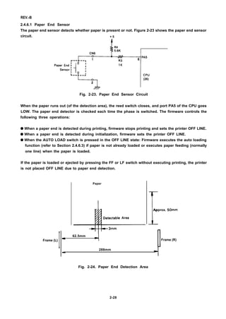 REV.-B
2.4.6.1 Paper End Sensor
The paper end sensor detects whether paper is present or not. Figure 2-23 shows the paper end sensor
circuit. + 5
1R4
5.6K
CN6
-27
(26)
2
Fig. 2-23. Paper End Sensor Circuit
When the paper runs out (of the detection area), the reed switch closes, and port PA5 of the CPU goes
LOW. The paper end detector is checked each time the phase is switched. The firmware controls the
following three operations:
q When a paper end is detected during printing, firmware stops printing and sets the printer OFF LINE.
q When a paper end is detected during initialization, firmware sets the printer OFF LINE.
q When the AUTO LOAD switch is pressed in the OFF LINE state: Firmware executes the auto loading
function (refer to Section 2.4.6.3) if paper is not already loaded or executes paper feeding (normally
one line) when the paper is loaded.
If the paper is loaded or ejected by pressing the FF or LF switch without executing printing, the printer
is not placed OFF LINE due to paper end detection.
Frame (L)
I
Paper
62.5mm
a
TApprox. 50mrn
JL
IFrame (R)
288mm
-
Fig. 2-24. Paper End Detection Area
2-28
 