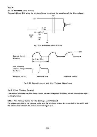 REV.-A
2.4.7.3 Printhead Drive Circuit
Figures 2-32 and 2-33 show the printhead drive circuit and the waveform of the drive voltage.
CN4
+24V
Solenoid
Coil
Q1-Q9
C3293
HDn
E05A03
R52
I
(3B)
R61
IK
T
GP
Fig. 2-32. Printhead Drive Circuit
s.,e.oid..rre.t~::::;:Waveform
~A4:l- J
Drive Transistor
Collector Voltage
Waveform
.=approx. 360Ps
Fig. 2-33.
B=approx. 40ps C=approx. 1.11 ms
Solenoid Current and Drive Voltage Waveforms
2.4.8 Print Timing Control
This section describes the print timing control for the carriage and printhead and the bidirectional logic
seeking function.
2.4.8.1 Print Timing Control for the Carriage and Printhead
The phase switching of the carriage motor and the printhead driving are controlled by the CPU, and
the relationship between the two is shown in Figure 2-34.
2-34
 