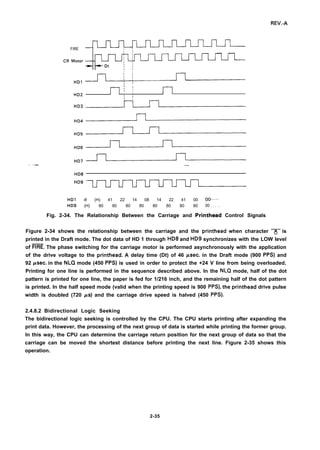 REV.-A
.—
FIRE
1 1
HD1
,,;,,
HD2
,
1;
H~~ ~
—
HD8
HD9
HD1 -8 (H) 41 22 14 08 14 22 41 00 00...
HD9 (H) 80 80 80 80 80 80 80 80 00 . . . . .
Fig. 2-34. The Relationship Between the Carriage and Printhead Control Signals
Figure 2-34 shows the relationship between the carriage and the printhead when character “~” is
printed in the Draft mode. The dot data of HD 1 through HD8 and HD9 synchronizes with the LOW level
of ~. The phase switching for the carriage motor is performed asynchronously with the application
of the drive voltage to the printhead. A delay time (Dt) of 46 psec. in the Draft mode (900 PPS) and
92 psec. in the NLQ mode (450 PPS) is used in order to protect the +24 V line from being overloaded.
Printing for one line is performed in the sequence described above. In the NLQ mode, half of the dot
pattern is printed for one line, the paper is fed for 1/216 inch, and the remaining half of the dot pattern
is printed. In the half speed mode (valid when the printing speed is 900 PPS), the printhead drive pulse
width is doubled (720 Ps) and the carriage drive speed is halved (450 PPS).
2.4.8.2 Bidirectional Logic Seeking
The bidirectional logic seeking is controlled by the CPU. The CPU starts printing after expanding the
print data. However, the processing of the next group of data is started while printing the former group.
In this way, the CPU can determine the carriage return position for the next group of data so that the
carriage can be moved the shortest distance before printing the next line. Figure 2-35 shows this
operation.
2-35
 