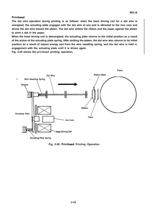 REV.-B
Printhead
The dot wire operation during printing is as follows: when the head driving coil for a dot wire is
energized, the actuating plate engaged with the dot wire at one end is attracted to the iron core and
drives the dot wire toward the platen. The dot wire strikes the ribbon and the paper against the platen
to print a dot in the paper.
When the head driving coil is deenergized, the actuating plate returns to the initial position as a result
of the action of the actuating plate spring. After striking the platen, the dot wire also returns to its initial
position as a result of impact energy and from the wire resetting spring, and the dot wire is held in
engagement with the actuating plate until it is driven again.
Fig. 2-38 shows the printhead printing operation.
Platen
Dot Wire Ribbon Mask
— Wire Resetting Spring
Stopper
(]
Actuating Plate
-
Paper
Act~ating Plate Spring
Fig. 2-38. Printhead Printing Operation
2-39
 