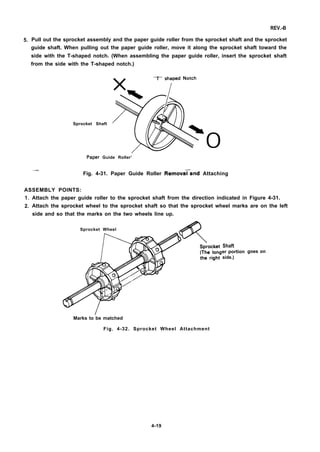 5.
REV.-B
Pull out the sprocket assembly and the paper guide roller from the sprocket shaft and the sprocket
guide shaft. When pulling out the paper guide roller, move it along the sprocket shaft toward the
side with the T-shaped notch. (When assembling the paper guide roller, insert the sprocket shaft
from the side with the T-shaped notch.)
Sprocket Shaft
opaper Guide Roller’
—
Fig. 4-31. Paper Guide Roller Remova~and Attaching
ASSEMBLY POINTS:
1.
2.
Attach the paper guide roller to the sprocket shaft from the direction indicated in Figure 4-31.
Attach the sprocket wheel to the sprocket shaft so that the sprocket wheel marks are on the left
side and so that the marks on the two wheels line up.
Sprocket Wheel
/
Shaft
er portion
side.)
goes on
Marks to be matched
Fig. 4-32. Sprocket Wheel Attachment
4-19
 