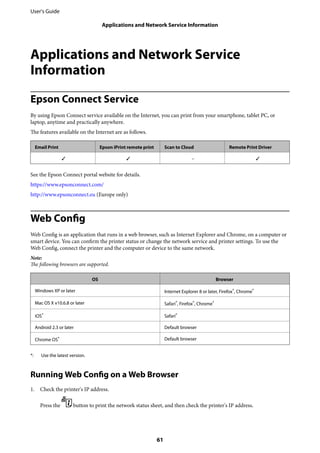 Applications and Network Service
Information
Epson Connect Service
By using Epson Connect service available on the Internet, you can print from your smartphone, tablet PC, or
laptop, anytime and practically anywhere.
The features available on the Internet are as follows.
Email Print Epson iPrint remote print Scan to Cloud Remote Print Driver
✓ ✓ – ✓
See the Epson Connect portal website for details.
https://www.epsonconnect.com/
http://www.epsonconnect.eu (Europe only)
Web Config
Web Config is an application that runs in a web browser, such as Internet Explorer and Chrome, on a computer or
smart device. You can confirm the printer status or change the network service and printer settings. To use the
Web Config, connect the printer and the computer or device to the same network.
Note:
The following browsers are supported.
OS Browser
Windows XP or later Internet Explorer 8 or later, Firefox*, Chrome*
Mac OS X v10.6.8 or later Safari*, Firefox*, Chrome*
iOS* Safari*
Android 2.3 or later Default browser
Chrome OS* Default browser
*: Use the latest version.
Running Web Config on a Web Browser
1. Check the printer's IP address.
Press the button to print the network status sheet, and then check the printer's IP address.
User's Guide
Applications and Network Service Information
61
 