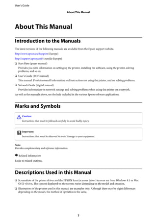 About This Manual
Introduction to the Manuals
The latest versions of the following manuals are available from the Epson support website.
http://www.epson.eu/Support (Europe)
http://support.epson.net/ (outside Europe)
❏ Start Here (paper manual)
Provides you with information on setting up the printer, installing the software, using the printer, solving
problems, and so on.
❏ User's Guide (PDF manual)
This manual. Provides overall information and instructions on using the printer, and on solving problems.
❏ Network Guide (digital manual)
Provides information on network settings and solving problems when using the printer on a network.
As well as the manuals above, see the help included in the various Epson software applications.
Marks and Symbols
!Caution:
Instructions that must be followed carefully to avoid bodily injury.
cImportant:
Instructions that must be observed to avoid damage to your equipment.
Note:
Provides complementary and reference information.
& Related Information
Links to related sections.
Descriptions Used in this Manual
❏ Screenshots of the printer driver and the EPSON Scan (scanner driver) screens are from Windows 8.1 or Mac
OS X v10.9.x. The content displayed on the screens varies depending on the model and situation.
❏ Illustrations of the printer used in this manual are examples only. Although there may be slight differences
depending on the model, the method of operation is the same.
User's Guide
About This Manual
7
 
