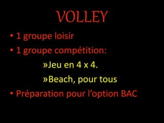 VOLLEY
• 1 groupe loisir
• 1 groupe compétition:
»Jeu en 4 x 4.
»Beach, pour tous
• Préparation pour l’option BAC
 