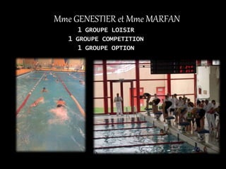 Mme GENESTIER et Mme MARFAN
1 GROUPE LOISIR
1 GROUPE COMPETITION
1 GROUPE OPTION
 
