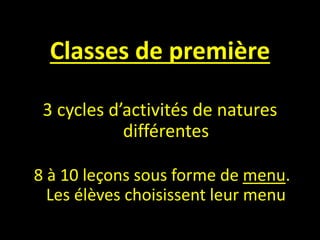 Classes de première
3 cycles d’activités de natures
différentes
8 à 10 leçons sous forme de menu.
Les élèves choisissent leur menu
 