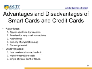 Amity Business School
54
Advantages and Disadvantages of
Smart Cards and Credit Cards
• Advantages:
1. Atomic, debt-free transactions
2. Feasible for very small transactions
3. Anonymous
4. Security of physical storage
5. Currency-neutral
• Disadvantages:
1. Low maximum transaction limit.
2. High Infrastructure costs.
3. Single physical point of failure.
 
