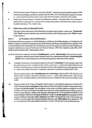 • In the third main column "Progressive Amount in default", means the amount in default relating to EPS 
contribution (including contribution in default under the EFPS, 1971). This should be progressive amount 
i.e., total carried forward from earlier years to the end of the month to which the return relates. 
• Fourth main column relating to "Amount of contribution in default.." should be filled with the amount of 
default for the current year i.e. 1st April to the closing of the month to which the return relates. Figures 
should be furnished in "Rs. in lakhs" only. 
(b) Public Sector and Private Sector Bifurcation 
This part is further bifurcation of the information furnished in part (a) above, sector-wise. 'Grand total' 
of the 'Total' columns in the three main columns should tally with the figures given in the 'Total' columns 
in part (a) above. 
Part V ACTUARIAL VALUATION DATA: 
This part has further six sub-parts viz. (a) Establishments; (b) Pension Fund Membership; (c) Contribution; (d) 
Return of Capital; (e) Scheme Certificates issued; and (f) Scheme Certificates surrendered by the members. This 
is vital information to be furnished to the Consultant Actuary for the purpose of Annual Actuarial Valuation as 
required under the provisions of the Employees' Pension Scheme, 1995. The 'members under EPS, 1995' 
should only be furnished under "Membership column". 
(a) & (b) Information under the sub-heads 'Establishments', and the 'Membership' with regard to the open-ing 
balance; added during the month and particularly the establishments/members 'ceased during the 
month' due to various reasons has to be furnished separately under each of the columns. 
(c) As regards information to be furnished under the sub-head 'Contribution' it is for guidance that in the 
first column figures for the 'contribution due' for the current year i.e., April to the month of the return, be 
furnished. Similarly, the next column be furnished with the total contributions received upto the month, 
i.e., April to the month of the return. Contribution shall mean Contribution under the EPS, 1995. 
The next column relates to the 'establishments not contributing' under the EPS, 1995. This has to be 
filled with the cumulative figures forthe current year i.e., 'April to the current month'. This column 
includes 'No. of establisnments as well as the total amount of default for the current year till the current 
month. 
(d) This part relates to the 'Return of Capital' benefit opted by the members under para 13 of the EPS, 
1995. Informauoahastobe furnished in four columns. In the first column.numberof cases where Return 
of Capital has not been opted. The other three columns relate to the three options available for availing 
the Return of Capital. Inf onnation should be collected and furnished separately for the differ ent options. 
There are three options available under this para. First option allows Revised Pension (90%) for life 
time of member with Return of Capital on his death. Under the second option Revised pension (90%) 
during the lifetime of member, furtherrednced pension (80%) during lifetime of the widow/remarriage, 
whichever is earlier and Return of Capital on her deathlremani age. ThIrd option allows pension (87.5%) 
for a fixed period of 20 years and Return of Capital at the end of 20 years to the member/nominee. 
131 
 