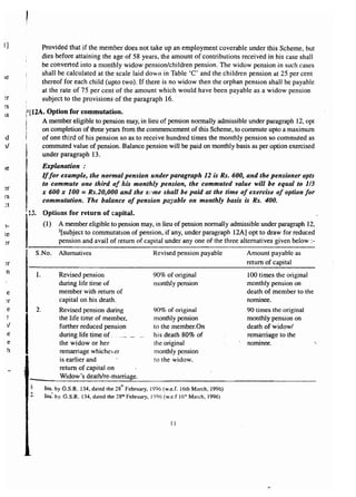 l] 
~r 
rs 
,s 
rs 
::t 
)- 
te 
n 
e 
:r 
e 
e 
eh 
,I 
Provided that if the member does not take up an employment coverable under this Scheme, but 
dies before attaining the age of 58 years, the amount of contributions received in his Case shall 
be converted into a monthly widow pension/children pension. The widow pension in such cases 
shall be calculated at the scale laid down in Table 'C' and the children pension at 25 per cent 
thereof for each child (upto two). If there is no widow then the orphan pension shall be payable 
at the rate of 75 per cent of the amount which would have been payable as a widow pension 
subject to the provisions of the paragraph 16. 
I 
n12A. Option for commutation. 
< A member eligible to pension may, in lieu of pension normally admissible under paragraph 12, opt 
on completion of three years from the commencement of this Scheme, to commute upto a maximum 
of one third of his pension so as to receive hundred times the monthly pension so commuted as 
commuted value of pension. Balance pension will be paid on monthly basis as per option exercised 
under paragraph 13. III 
I.. 
r 
Explanation : 
If for example, the normal pension under paragraph 12 is Rs. 600, and the pensioner opts 
to commute one third of his monthly pension, the commuted value will be equal to 1/3 
x 600 x 100 = Rs.20,000 and the same shall be paid at the time of exercise of option for 
commutation. The balance of pension payable on monthly basis is Rs. 400. 
Options for return of capital. 
(1) A member eligible to pension may, in lieu of pension normally admissible under paragraph 12, 
2[subject to commutation of pension, if any, under paragraph 12A] opt to draw for reduced 
pension and avail of return of capital under anyone of the three alternatives given below :- 
S.No. Alternatives Revised pension payable Amount payable as 
return of capital 
1. Revised pension 
during life time of 
member with return of 
capital on his death. 
Revised pension during 
the life time of member, 
further reduced pension 
during life time of____ __ 
the widow or her 
remarriage whichever 
is earlier and 
return of capi talon 
Widow's death/re-marriage. 
90% of original 
monthly pension 
100 times the original 
monthly pension on 
death of member to the 
nominee. 
90 times the original 
monthly pension on 
death of widow/ 
remarriage to the 
nominee. 
2. 90% of original 
monthly pension 
to the member. On 
his death 80% of 
the original 
monthly pension 
to the widow. 
G 'h Ins. by .S.R. 134, dated the 28 February, 1996 (w.e.f. 16th March, 1996) 
Ins: by. G.S.R. 134, dated the 28th February, 1996 (w.e.f 16'h March, 1996) 
11 
 