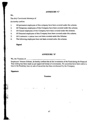 ANNEXURE 'C' 
We, 
The duly Constituted Attorneys of 
Do hereby confirm: 
1. All permanent employees of this company have been covered under this scheme. 
2. All Temporary employees of this Company have been covered under this scheme. 
3. All Casual employees of this Company have been covered under this Scheme. 
4. All Seasonal employees of this Company have been covered under this scheme. 
5. All Contractor's Labour have not been covered under this Scheme: 
6. The following employees have not been covered under this scheme. 
Signed 
ANNEXURE'D' 
We, the Trustees of _ 
Employees' Pension Scheme, do hereby confirm that all the investments of the Fund during the Financial 
Year ending has been made as per approved format of investments. No securities have been sold at a 
loss to the Fund/any loss on sale of securities has been reimbursed by the Company. 
Signature 
Trustees 
67 
 