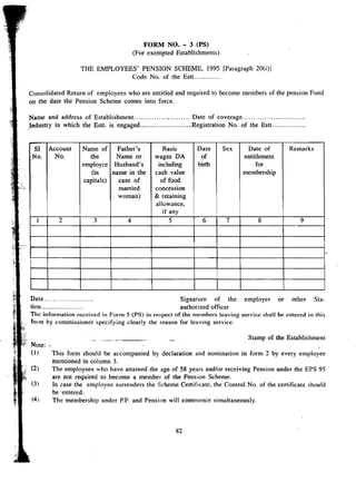 FORM NO. - 3 (PS) 
(For exempted Establishments) 
THE EMPLOYEES'. PENSION SCHE~E, 1995 [Paragraph 20(i)] 
Code No. of the Estt . 
Consolidated Return of employees who are entitled and required to become members of the pension Fund 
on the date the Pension Scheme comes into force. 
Name and address of Establishment.. , Date of coverage . 
.Industry in which the Estt. is engaged Registration No. of the Estt . 
SI Account Name of Father's Basic Date Sex Date of Remarks 
No. No. the Name or wages DA of entitlement 
employee Husband's induding birth for 
(in name in the cash value membership 
capitals) case of of food 
married concession 
woman) & retaining 
allowance, 
if any 
I 2 3 4 5 6 7 8 9 
. 
Signature of the employer or other Sta-authorized 
officer 
The information received in Form 5 (PS) in respect of the members leaving service shall be entered in this 
form by commissioner specifying clearly the reason for leaving service. 
Stamp of the Establishment 
This form should be accompanied by declaration and nomination in form 2 by every employee 
mentioned in column 3. 
The employees who have attained the age of 58 years andlor receiving Pension under the EPS 95 
are not required to become a member of the Pension Scheme. 
(3) In case the employee surrenders the Scheme Certificate, the Control No. of the certificate should 
be 'entered. 
(4) The membership under P.P. and Pension will commence simultaneously. 
82 
 