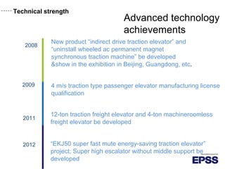 Technical strength
Advanced technology
achievements
2008
2009
2011
2012
New product “indirect drive traction elevator” and
“uninstall wheeled ac permanent magnet
synchronous traction machine” be developed
&show in the exhibition in Beijing, Guangdong, etc.
4 m/s traction type passenger elevator manufacturing license
qualification
12-ton traction freight elevator and 4-ton machineroomless
freight elevator be developed
“EKJ50 super fast mute energy-saving traction elevator”
project; Super high escalator without middle support be
developed
 