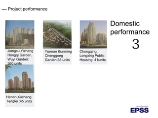 ---- Project performance
Domestic
performance
3Jiangsu Yizheng
Hongqi Garden,
Wuyi Garden:
360 units
Yunnan Kunming
Chenggong
Garden:88 units
Chongqing
Longxing Public
Housing: 41units
Henan Xuchang
Tengfei :45 units
 
