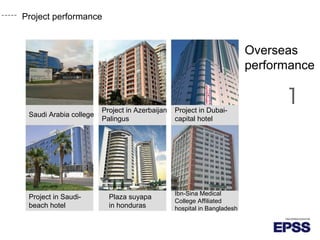 Project performance
Overseas
performance
Saudi Arabia college
Project in Azerbaijan
Palingus
Project in Dubai-
capital hotel
Project in Saudi-
beach hotel
Plaza suyapa
in honduras
Ibn-Sina Medical
College Affiliated
hospital in Bangladesh
 