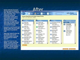 After… System defaults physicians into lists based on analytical data, allowing users to drag & drop to edit lists.  This interaction and direct manipulation match user’s task models and preferred interaction methods. Icons and counters allow sales reps  to readily identify which physicians have been reviewed and changed Interaction is self directed and flexible; sales reps can review physicians in any desired order Right click, select & enter key, and double click launch physician details to provide more support for making decision Users don’t have to view details - in many cases they already know some of the physicians and the priority “is obvious” – avoids needless work / interface navigation 