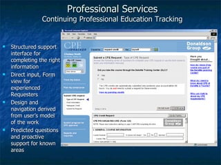 Professional Services Continuing Professional Education Tracking Structured support interface for completing the right information Direct input, Form view for experienced Requesters Design and navigation derived from user’s model of the work Predicted questions and proactive support for known areas 