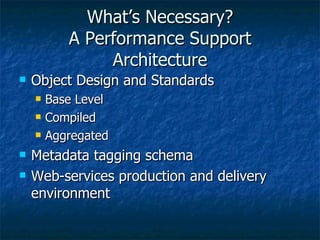 What’s Necessary? A Performance Support Architecture Object Design and Standards Base Level Compiled Aggregated Metadata tagging schema Web-services production and delivery environment 