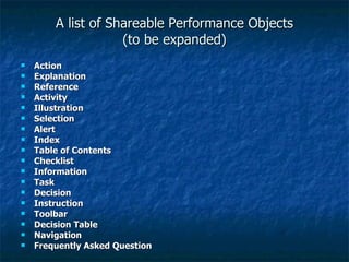 A list of Shareable Performance Objects (to be expanded) Action Explanation Reference Activity Illustration Selection Alert Index Table of Contents Checklist Information  Task Decision Instruction Toolbar Decision Table Navigation Frequently Asked Question 