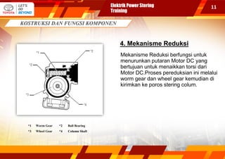 11
4. Mekanisme Reduksi
Mekanisme Reduksi berfungsi untuk
menurunkan putaran Motor DC yang
bertujuan untuk menaikkan torsi dari
Motor DC.Proses pereduksian ini melalui
worm gear dan wheel gear kemudian di
kirimkan ke poros stering colum.
*1 Worm Gear *2 Ball Bearing
*3 Wheel Gear *4 Column Shaft
Elektrik Power Stering
Training
 