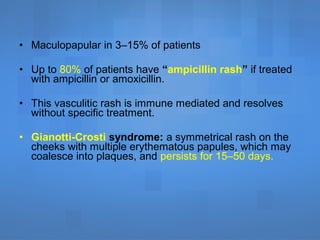 • Maculopapular in 3–15% of patients
• Up to 80% of patients have “ampicillin rash” if treated
with ampicillin or amoxicillin.
• This vasculitic rash is immune mediated and resolves
without specific treatment.
• Gianotti-Crosti syndrome: a symmetrical rash on the
cheeks with multiple erythematous papules, which may
coalesce into plaques, and persists for 15–50 days.
 