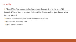 In India
About 95% of the population has been exposed to this virus by the age of 40,
but only 15%–20% of teenagers and about 40% of those adults exposed to the virus
become infected.
70% of nasopharyngeal carcinomas in India due to EBV
Both HL and NHL -very rare
EBV 1 is most common
 
