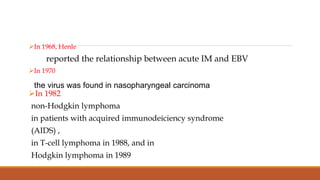 In 1968, Henle
reported the relationship between acute IM and EBV
In 1970
In 1982
non-Hodgkin lymphoma
in patients with acquired immunodeiciency syndrome
(AIDS) ,
in T-cell lymphoma in 1988, and in
Hodgkin lymphoma in 1989
the virus was found in nasopharyngeal carcinoma
 