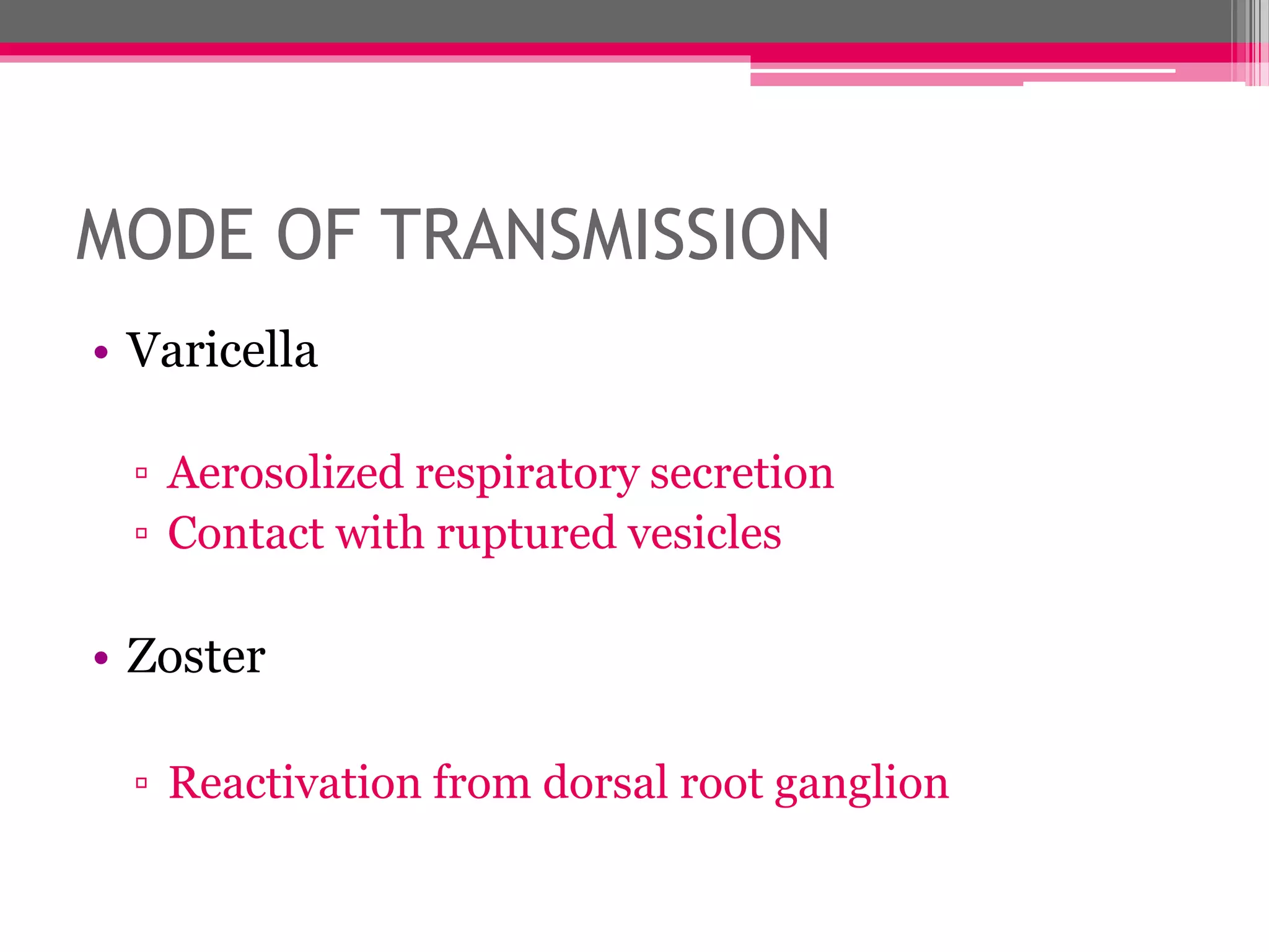 MODE OF TRANSMISSION
• Varicella
▫ Aerosolized respiratory secretion
▫ Contact with ruptured vesicles
• Zoster
▫ Reactivation from dorsal root ganglion