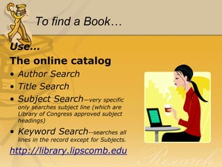 Books!Reference Books:	-use in library onlyGeneral Collection:	-check out for 3 weeks for undergrads.eBooks:	-access and read online.  You must create your own username and password at netlibrary.com from a Lipscomb computer and then you can access them from anywhere.
