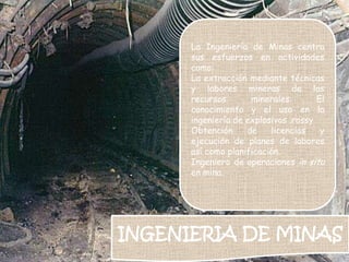 La Ingeniería de Minas centra
      sus esfuerzos en actividades
      como:
      La extracción mediante técnicas
      y labores mineras de los
      recursos       minerales.       El
      conocimiento y el uso en la
      ingeniería de explosivos .rossy
      Obtención     de    licencias    y
      ejecución de planes de labores
      así como planificación.
      Ingeniero de operaciones in situ
      en mina.




INGENIERIA DE MINAS
 