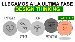 LLEGAMOS A LA ULTIMA FASE
DESIGN THINKING
EVALUAR
 