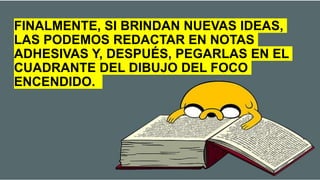 FINALMENTE, SI BRINDAN NUEVAS IDEAS,
LAS PODEMOS REDACTAR EN NOTAS
ADHESIVAS Y, DESPUÉS, PEGARLAS EN EL
CUADRANTE DEL DIBUJO DEL FOCO
ENCENDIDO.
 