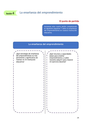 24
La enseñanza del emprendimiento
El punto de partida
Iniciamos esta cuarta sesión completando
el siguiente esquema T sobre la enseñanza
del emprendimiento en nuestra institución
educativa.
La enseñanza del emprendimiento
¿Qué estrategia de enseñanza
del emprendimiento es más
pertinente y significativa de
realizar en mi institución
educativa?
¿Qué recursos y capacidades
poseo para enseñar
emprendimiento y cuáles
necesito adquirir para mejorar
mi ejercicio docente?
Sesión 4
 