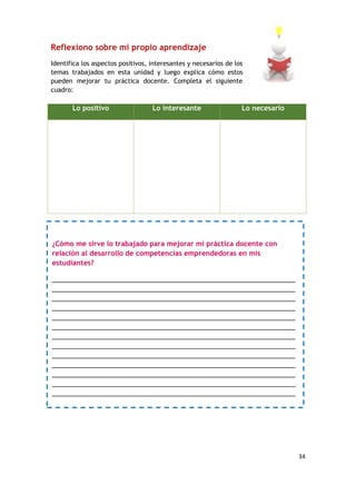 34
Reflexiono sobre mi propio aprendizaje
Identifica los aspectos positivos, interesantes y necesarios de los
temas trabajados en esta unidad y luego explica cómo estos
pueden mejorar tu práctica docente. Completa el siguiente
cuadro:
Lo positivo Lo interesante Lo necesario
¿Cómo me sirve lo trabajado para mejorar mi práctica docente con
relación al desarrollo de competencias emprendedoras en mis
estudiantes?
_____________________________________________________________
_____________________________________________________________
_____________________________________________________________
_____________________________________________________________
_____________________________________________________________
_____________________________________________________________
_____________________________________________________________
_____________________________________________________________
_____________________________________________________________
_____________________________________________________________
_____________________________________________________________
_____________________________________________________________
_____________________________________________________________
_____________________________________________________________
 